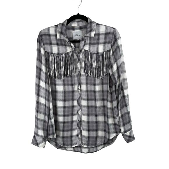 Rails Western Dolly Button Down Grey Check Plaid Fringe Flannel Shirt XS/Medium - Picture 2 of 16